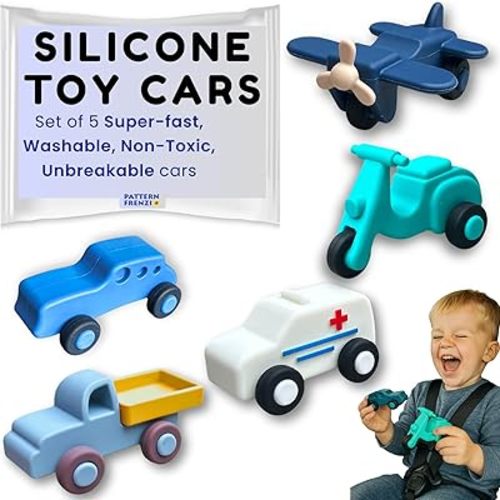 Silicone Toy Cars for Kids Ages 3+ – Soft, Safe Non-Toxic Silicone Cars with Smooth Rolling Wheels, Quiet Play, Push and Go Car Toys, Food Grade Silicone Toys, No Hole Bath Toy Mold Free, 5 Pack Set