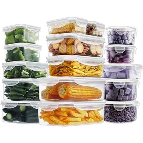 32 Pieces Food Storage Containers Set with Snap Lids (16 Lids + 16 Containers), Meal Prep Airtight Plastic Containers, BPA-Free Lunch Containers for Kitchen, Pantry, Home, White