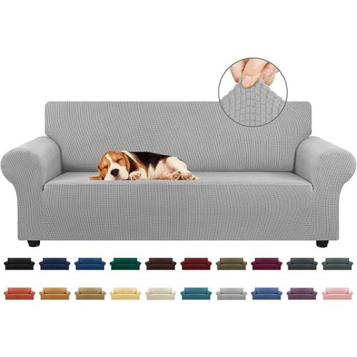 KEKUOU Stretch Sofa Cover Slipcover ，Couch Covers for 3 Cushion Couch Sofa pet Friendly (78"-94") Furniture Protector Sofa with Elastic Bottom for Kids,Dog, Jacquard Small Checked(Large,Silver)