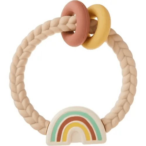 Itzy Ritzy Silicone Teether with Rattle; Rattle Teether Features Rattle Sound, Two Silicone Teething Rings and Raised Texture to Soothe Gums; Ages 3 Months and Up (Neutral Rainbow)