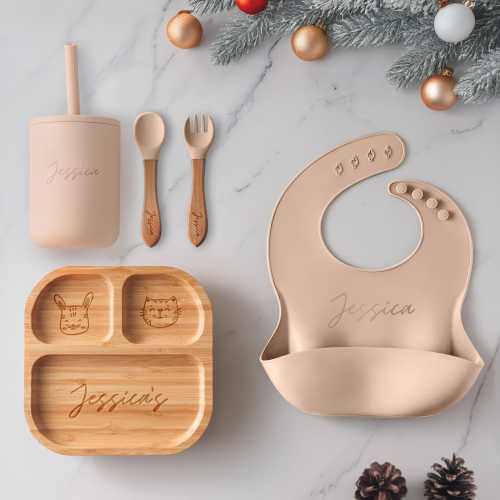 Baby Shower Gift, Customized Baby Gift, Silicone Baby Weaning Set, Custom Engraved Baby Bib, Baby Feeding Utensils with Name, Toddler Plate