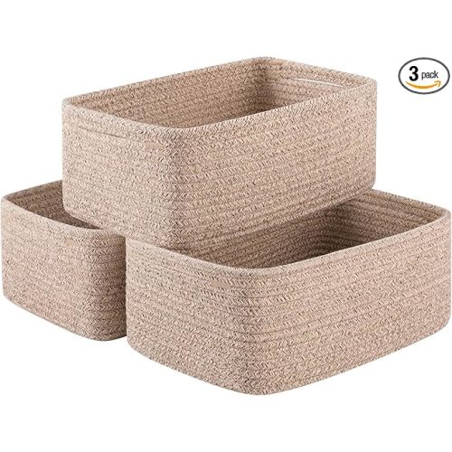 3 Pack Small Storage Baskets for Organizing, Cute Woven Decorative Gift Baskets for Shelves, Mini Closet Organizer Bins with Handles, 11.81''Lx7.87''Wx4.72''H-Brown