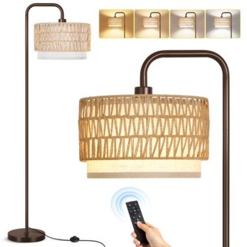 OUTON Arc Floor Lamp with Remote, Dimmable Standing Lamp with 4 Color Temperatures, Rattan Tall Lamps for Living Room Bedroom, 9W Bulb Included,Brown