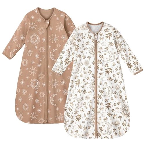 Baby Sleep Sack 0-6 Months 100% Cotton Long Sleeve Wearable Blanket Baby Sleep Bag with 2-Way Zipper 2 Pack 0.5 Tog Sleeping Sack for Newborn Infant - White Coffee Sun God - Small