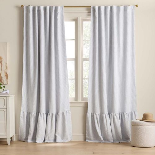 Belgian Linen Ruffle Pinstripe Blackout Curtain - Blue Chambray