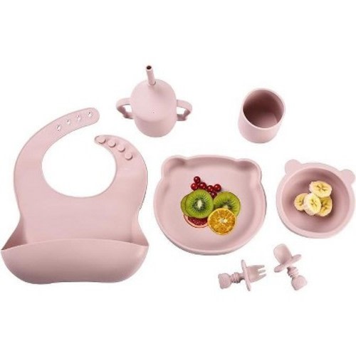 Childlike Behavior Bear Silicone Baby Weaning Set - 7 Pieces, Pink