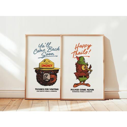 National Park Prints Gift For Traveler Retro Smokey + Owl Posters Set of 2 Retro Travel Prints Outdoorsy Wall Art Kids Room Decor