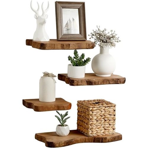 Pinkunn 4 Pcs Floating Shelves for Wall Rustic Wall-Mounted Wooden Shelves Solid Wood with Live Edge Design Bathroom Bedroom Kitchen Storage Living Room Decor Nursery Book Display Shelf(Medium)