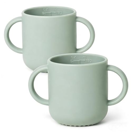 ROCCED Silicone Training Cup for Infants 2 Handles, Toddler Learning Cup Baby Drinking Open Cups Easy Grip Handles Toddler Cup for 6 Months+ 150ml/5oz-Sage