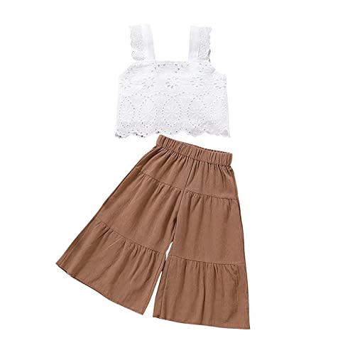 VISGOGO Toddler Baby Girls Summer Outfit Sleeveless Lace Embroidery Clothes Toddler Kids Tank Tops Bell-bottom Pants Set
