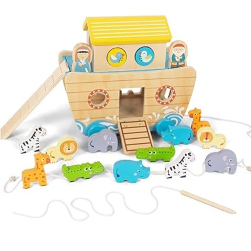 Toddlers Wooden Noah's Ark Toy Animal Playset, Shape Sorter Early Learning Montessori Toys, Baptism Gifts for 1 2 3 Boys Girls Kids