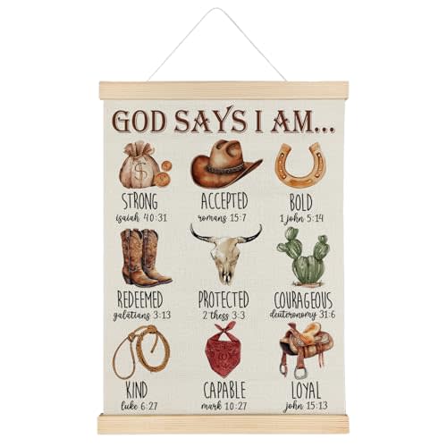 SereneHanctuary Western Christian Wall Art, God Says I Am Cowboy Nursery Wall Decor, Inspirational Religious Bible Verse Poster Hanger Frame for Boys Room Bedroom Church Nursery, 12x16 Inches