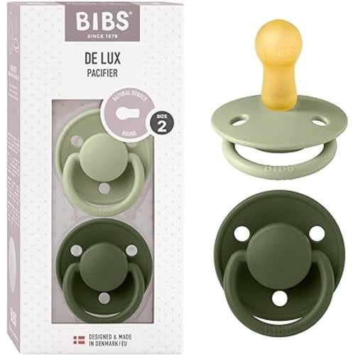 BIBS De Lux Baby Pacifier 2-Pack | Made in Denmark | BPA Free Dummy Soother, Round Nipple. Natural Rubber Latex, Size 2 (6-18 Months), Sage/Hunter Green
