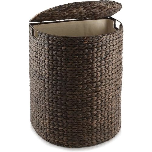 Casafield Half Moon Laundry Hamper with Lid and Removable Liner Bag - Espresso, Woven Water Hyacinth Laundry Basket for Clothes and Towels