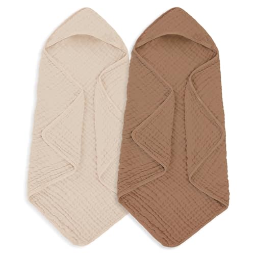 MIGIOL Muslin Hooded Baby Towels 100% Cotton ,Super Soft Muslin Baby Bath Towel - 32 x 32 Inches, Suitable for Newborn and Young Children up to 3 Years Old. (Beige & Coffee)