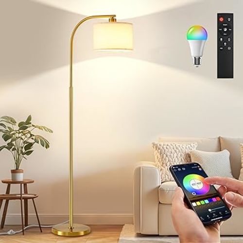 KQW Floor Lamp for Living Room with Remote,Dimmable Tall Standing Lamps,Modern Floor Light with Smart RGB Bulb,App Control,3 Color Temperatures,Fabric Shades,Gold Floor Lamp for Bedroom Office Corner