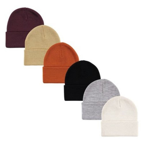 Hudson Baby 6Pc Knit Cuffed Beanie, Rust Cream Black, Infant Toddler