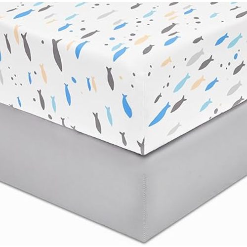 TILLYOU Baby Crib Sheets for Boys Girls, Super Soft Toddler Bed Sheets, 2 Pack Sheets for Standard Crib Mattress 28x52in, Little Blues Fish