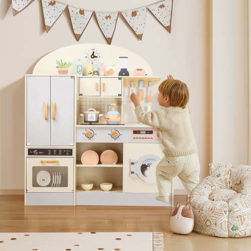 Ktaxon Play Kitchen for Kids, Wooden Kids Kitchen Playset with Plenty of Play Features, Chef Pretend Play Set for Boys and Girls Age 3+, with 12 Pcs Accessories