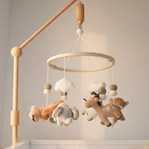 The Peanutshell Safari Crib Mobile for Boys or Girls, Wooden Musical Baby Mobiles with 12 Lullabies, Elephant, Giraffe, Zebra, Monkey, Jungle Animal Nursery Decor