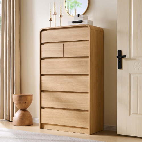 wow97e Modern 7 Drawers Dresser, 55" Tall Wood Mid Century Chests of Drawers w/Curved Profile Design, for Bedrooms and Living Room