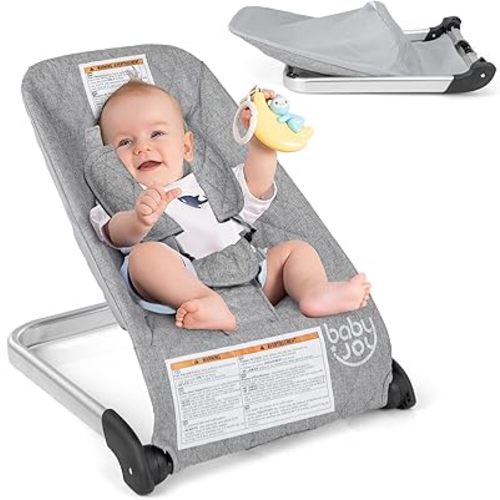 BABY JOY Baby Bouncer, Foldable Baby Bouncer Seat with 5-Point Safety Harness, Removable Fabric Cover, Portable Infant Bouncer for Babies 0-6 Months (Light Gray)