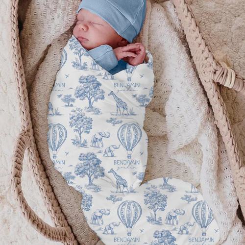 Blue Toile Baby Boy Personalized Safari Swaddle Set/Keepsake Baby Gift/Baby Boy Preppy Blanket/Hot Air Balloons/Grandmillenial Style