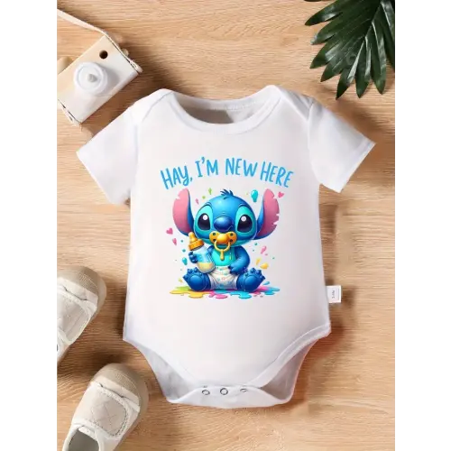 stitched baby onesie "hey ' " pattern short sleeved - Temu