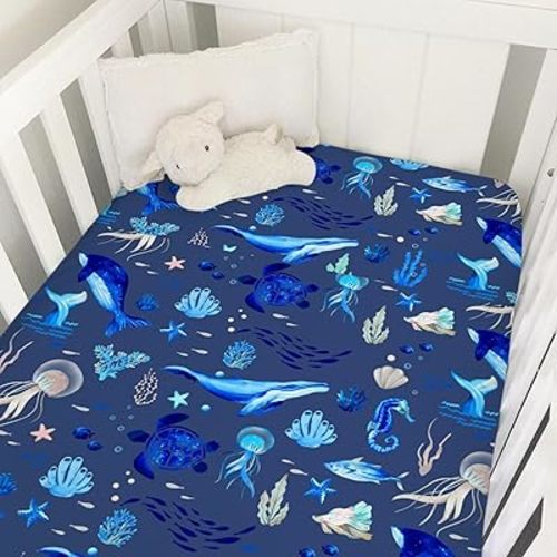 Nautical Life Baby Crib Sheet 52''x28'' Ocean Sea Turtle Whale Jellyfish Sea Horse Weeds Fitted Crib Mattress Cover for Boy Girl Nursery Bed Sheets for Standard Crib and Toddler Mattress Navy