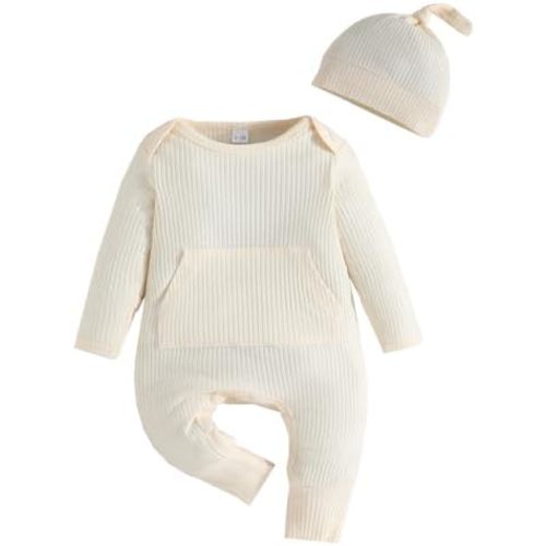 Bafeicao Newborn Baby Boy Girl Romper Ribbed Long Sleeve Jumpsuit with Hat Infant Coming Home Outfit Clothes Set
