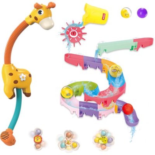 Toddler Bath Toys, Baby Bath tub Toys with Giraffe Shower Sprays and Slide Track Toys, 3pcs Pop Suction Cup Spinner Toys, Bathtub Toys Gift for Kids Ages 3+