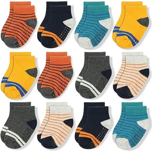 JAKIDAR 12-Pair Baby Socks Non-Slip Cotton Toddler Socks Ankle Socks for Baby Toddler Kids