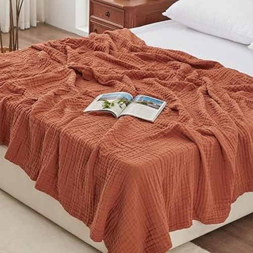 Love's cabin 6 Layer 100% Cotton Muslin Blanket, 90"x90" Muslin Blanket Queen for Couch Bed, Lightweight and Breathable Cotton Gauze for Adult, Orange