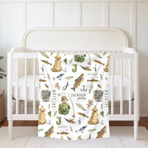 Fishing Blanket for Boys, Personalized Baby Fish Blanket, Custom Baby Name Blanket, Fishing Baby Shower Gift, Fishing Nursery Decor, Minky