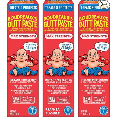 Boudreaux’s Butt Paste Max Strength Diaper Rash Cream for Baby, Ointment With Zinc Oxide, 4 oz Tubes, 3 Pack