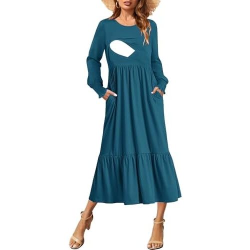 Women Nursing Dress Crew Neck Fall Maternity Flowy Long Sleeve Smocked Cuffs Tiered Cocktail Dresses with Pockets