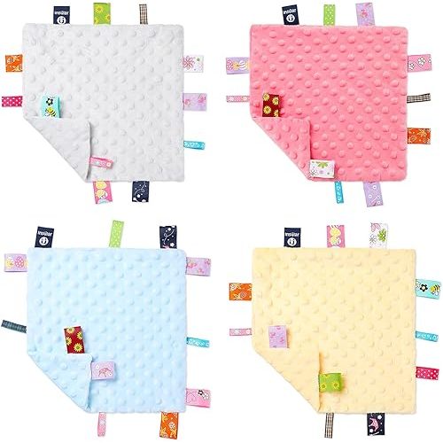 WILLBOND 4 Pieces Baby Tag Security Blanket Plush Soft Soothing Sensory Comforter Animal Themed Nursery Bed Blanket for 0-12 Months Babies, 9.5 x 9.5 Inch(Grey, Pink, Blue, Yellow)