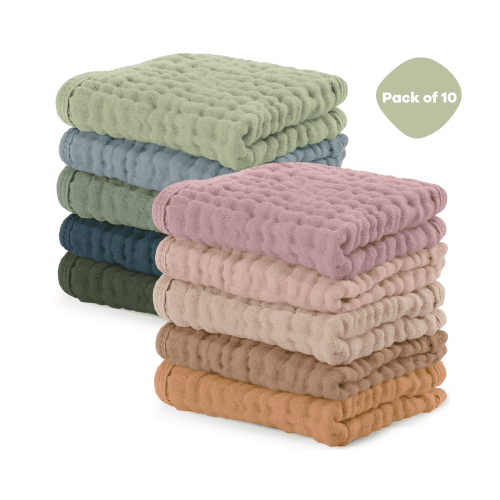 Comfy Cubs Baby Washcloths, Muslin Cotton Baby Towels, Large 10”x10” Wash Cloths (Multi, Pack of 10)