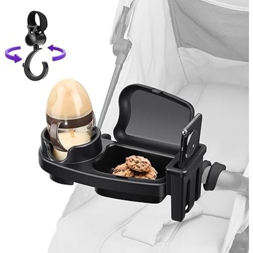 Universal Stroller Snack Tray, 3 in 1 Stroller Cup Holder with Phone Holder and Silicone Flexible Arms Grip, Stroller Tray Attachment Compatible with Uppababy, Baby Jogger, Britax (Snack Tray)