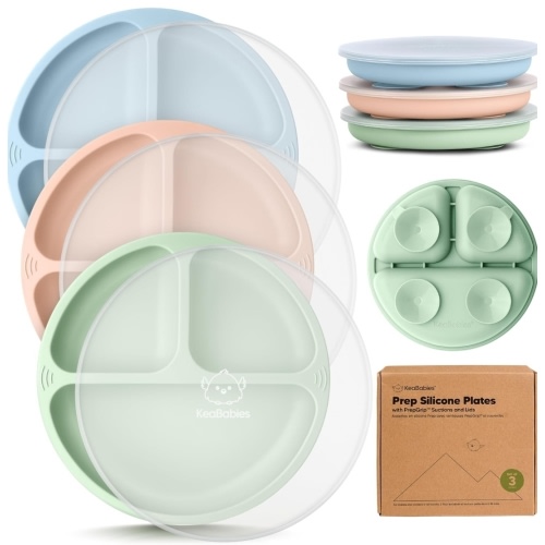 KeaBabies Suction Plates with Lids for Baby - 3-Pack 100% Silicone Toddler Plates with Suction, Divided, BPA-Free Baby Led Weaning Essentials for Kids, Dishwasher, Microwave Safe, Durable (Mellow)