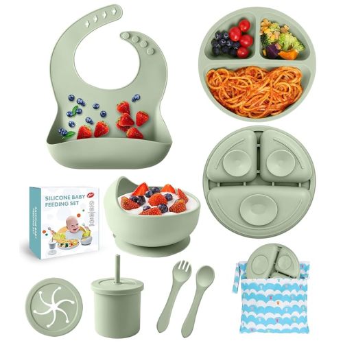 Silicone Baby Feeding Set, 10 Pcs Baby Led Weaning Supplies Baby Eating Essentials Set with Suction Bowl Divided Plate Adjustable Bib Soft Spoon Fork Cup with Lid Drinking Cup, Travel Bag (Green)