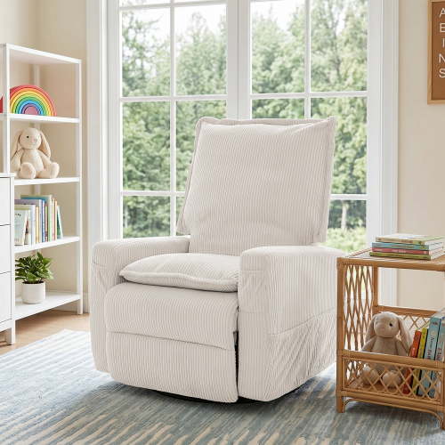 GASEE Baby Upholstered Glider Recliner Rocking Chair 360° Swivel for Nursery and Living Room – Corduroy Beige