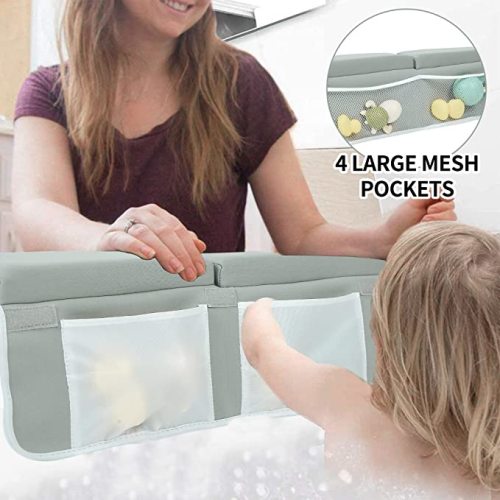 Baby Bathtub Bath Kneeler and Elbow Rest Pad with Toy Organizer Pockets Thickened Bath Kneeling Pad for Baby Toddler Bathing Mat Parents Quick Drying, Foldable, Non-Slip Grey