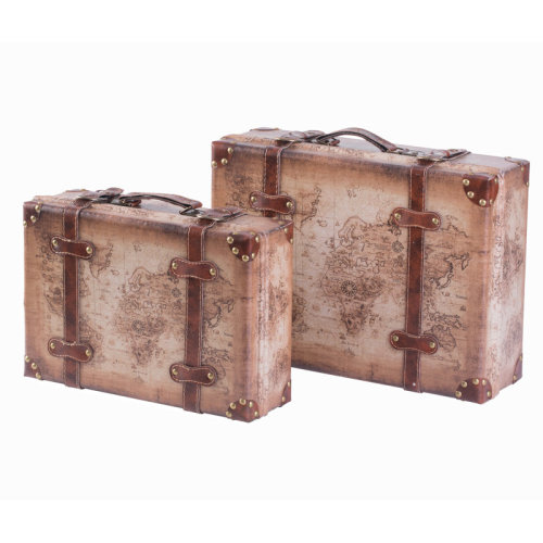 17 Stories Set Of 2 Vintage-style World Map Leather Suitcase Trunks With Straps And Handle | Wayfair