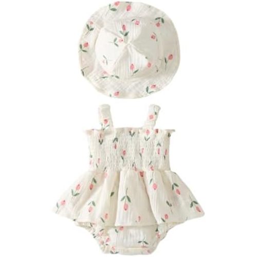 Yabijiojio Baby Girl Clothes Summer Dress Cotton Romper Sleeveless Smocked Rompers Sun Dress with Hat Boho Outfits