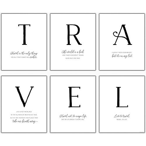 Stamp My Passport Travel Wall Art Set, Unframed 8x10, 6-Piece Black and White Decor, Adventure Awaits Wall Decor, Travel Is the Only Thing You Buy That Makes You Richer Quotes