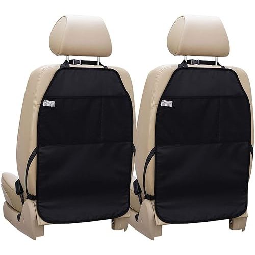 Car Seat Protector Large Kick Mat 2 Pack Durable Water Resistant Auto Seat Back Covers with 2 Mesh Pockets Protection Against Dust Mud Scratches (Black, 2-Pack)