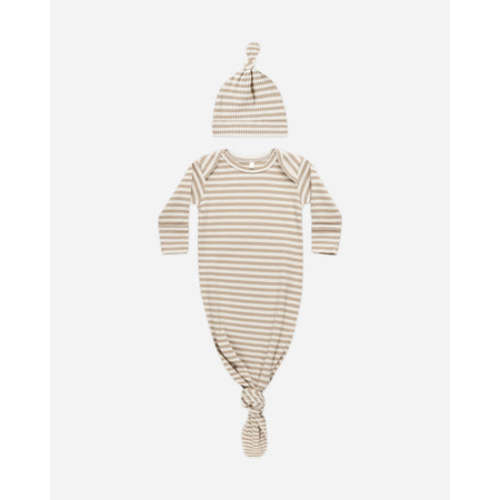 Knotted Baby Gown + Hat Set || Latte Stripe