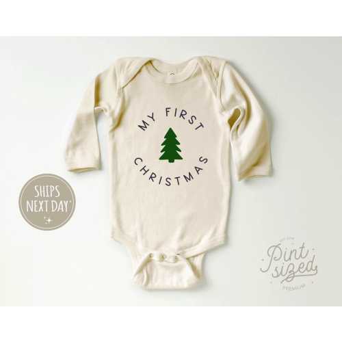 My First Christmas Baby Long Sleeve Onesie® - Cute Modern Christmas Baby Onesie® - Natural Christmas Bodysuit