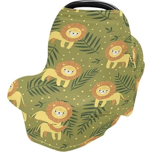 Kigai Soft Baby Car Seat Covers Cute Lion Cartoon Green Canopy for Infants Strollers Canopies for Newborns Babies Nursing Apron Cover for Breastfeeding
